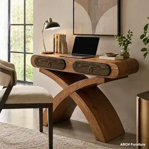 Ashwood Veneered Console Table - Sturdy Frame, Triangular Cross-Base X-Shape Legs, 2-Handle Drawers, Natural Grain, Large Surface, Easy Assembly for Entrance, Living Room