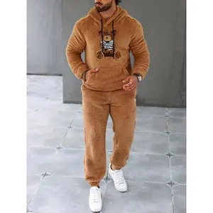 Men’s warm hooded sweatshirt set for fall and winter, plush fleece loungewear two-piece, casual loose-fit flannel jogger suit