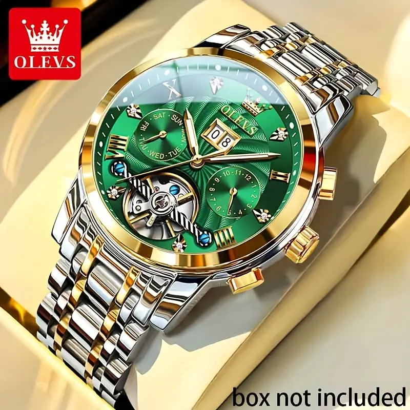 [100% Authentic] OLEVS Luxury Classic Men's Automatic Mechanical Watch, Round Face, Business Wear, Multi-Functional Calendar Dial, Deep Waterproof, Night Light, Flywheel Display, High-End Quality Guarantee