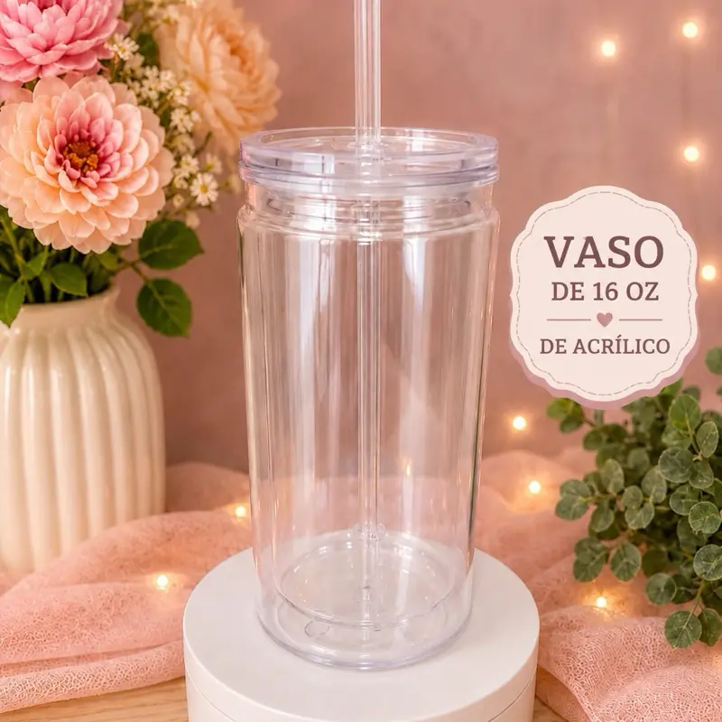 16 oz Double-Wall Plastic Tumbler with Lid, Straw - No Handle