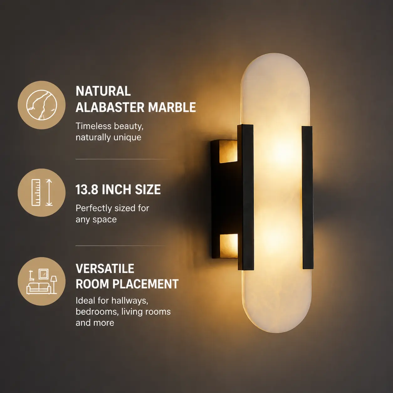 13.8in Alabaster Wall Sconces,Natural Marble Wall Lighting,Alabaster Wall Lamp for Bedroom Stairs, Living Room, Vanity, Hallway Bedside(Bulb Included)