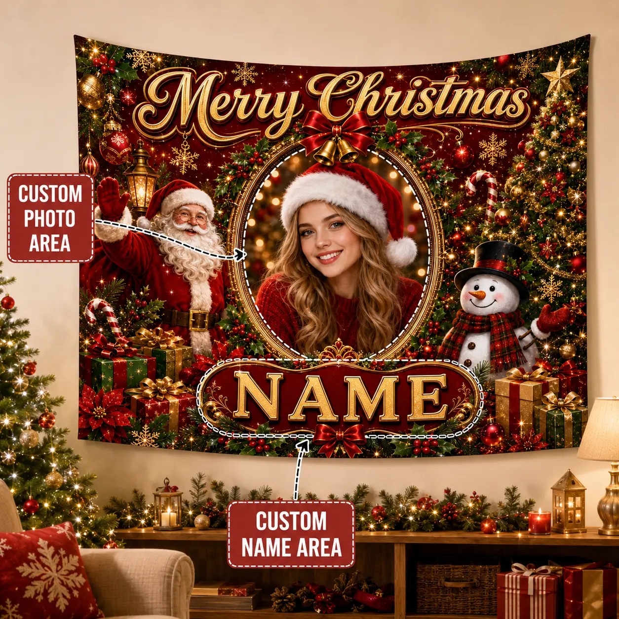 custom christmas backdrop with Photo and Name, Red Gold Party Decor
