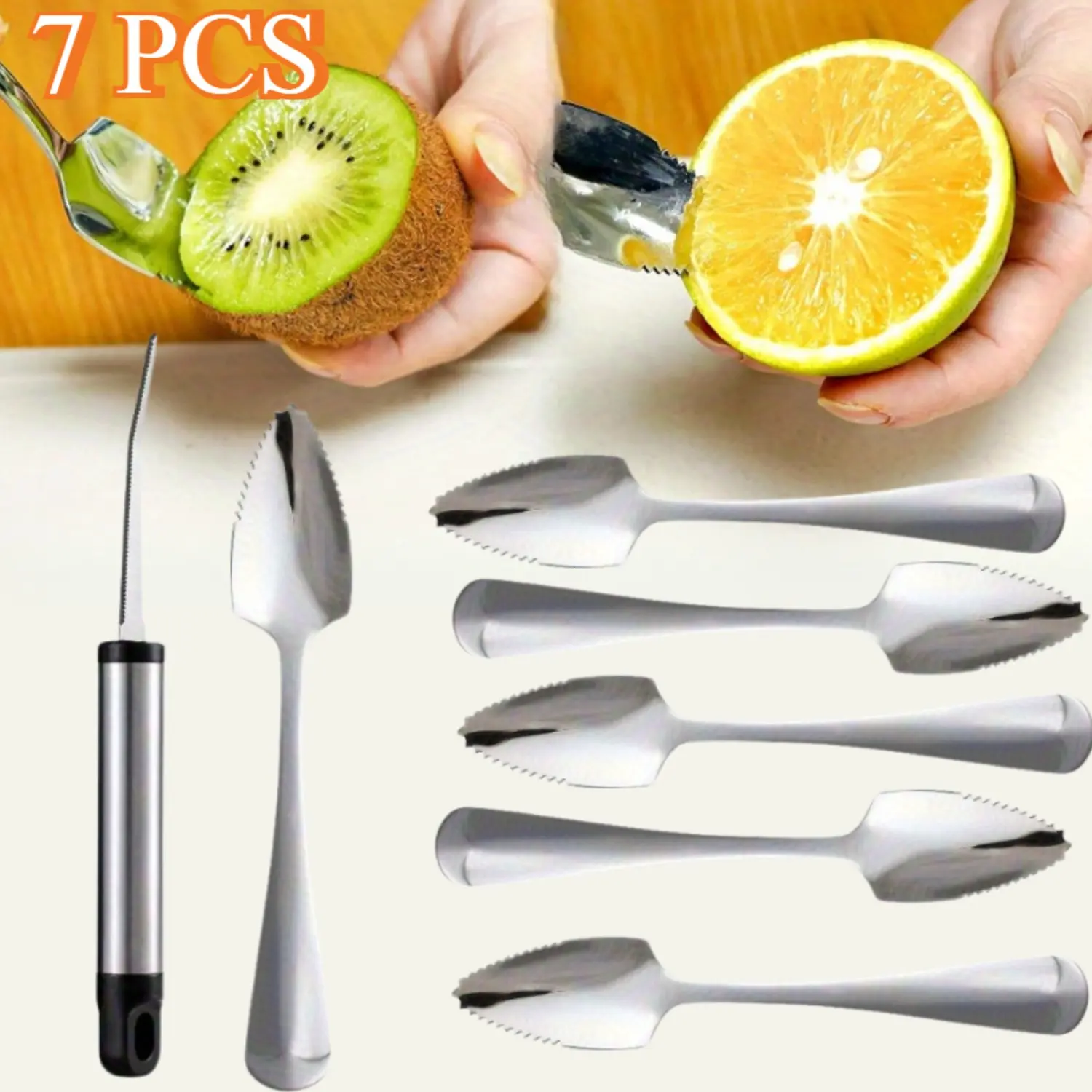 7 Pcs Grapefruit Spoons and Grapefruit Knife, Food Grade Stainless Steel Dessert Spoons Mirror Finish Fruit Knife, Serrated Grapefruit Utensils Tool, Suitable for Citrus Fruits Desserts Salads