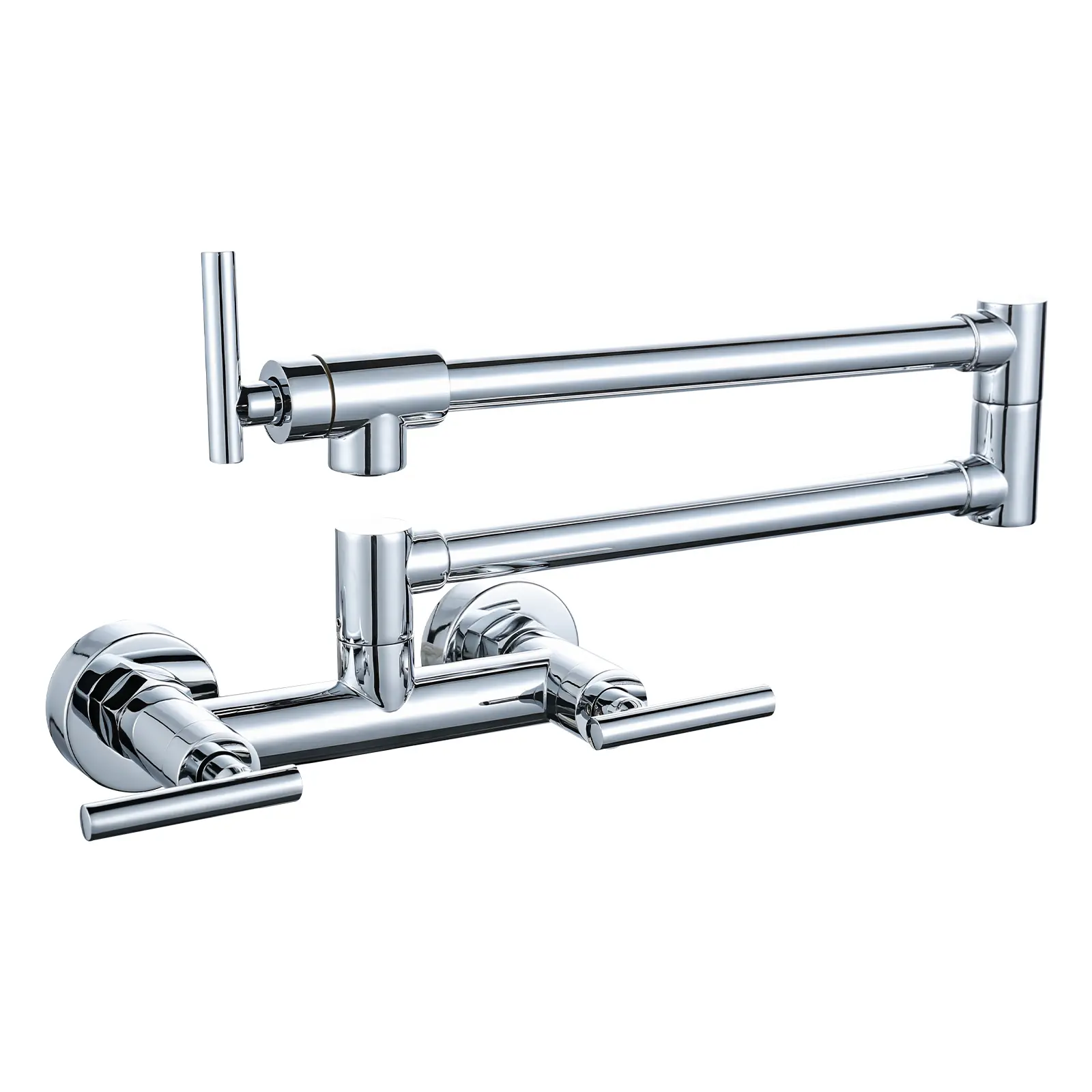 WOWOW Wall Mount Folding Pot Filler Tap - Solid Brass, Dual Handles, Hot & Cold Water, Water-Saving Polished Chrome Kitchen Fixture