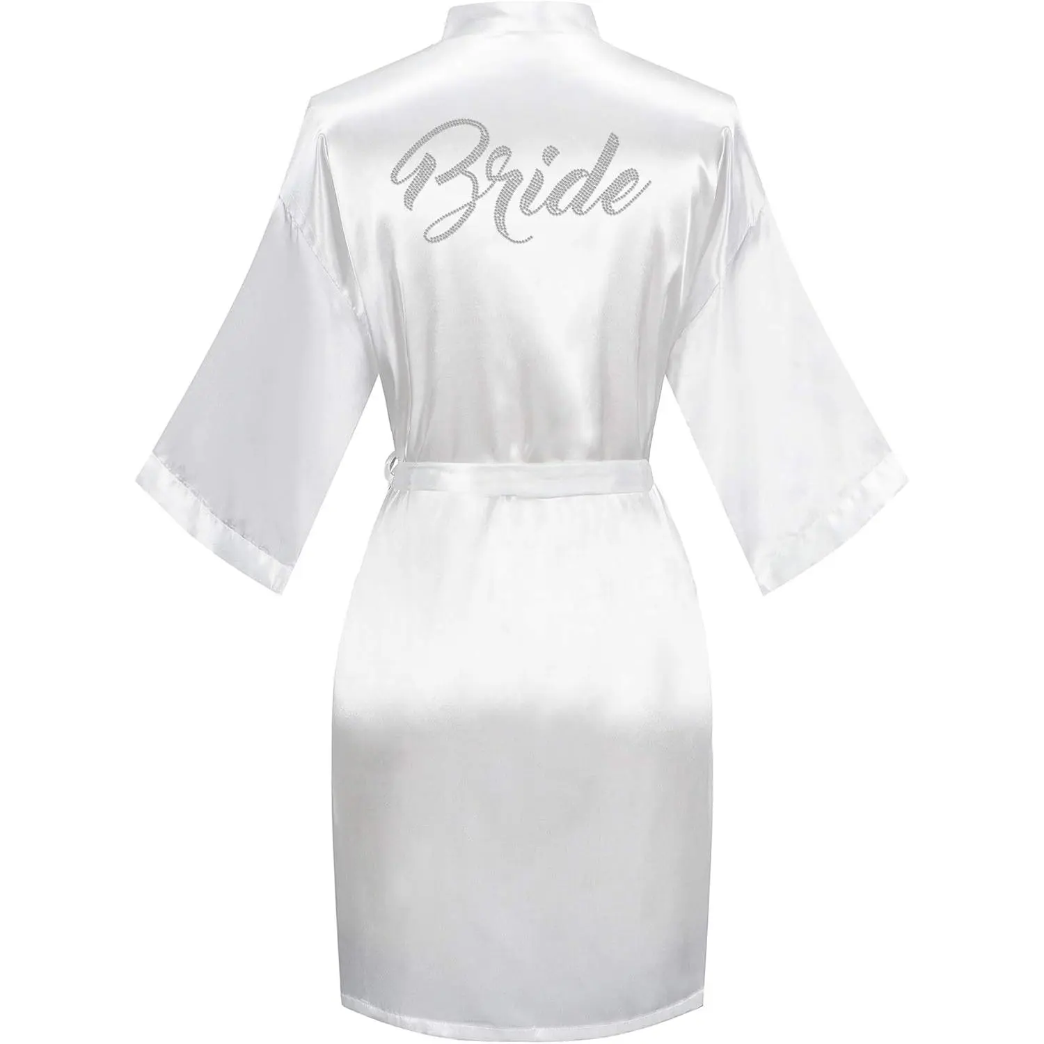 Women's Short Satin Kimono Robes One Size Silver Rhinestones Bride Bridesmaid for Wedding Party Getting Ready Adjustable Belt JinhuanXuan SHOP