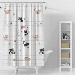 Small Flower Cat Shower Curtain Lining, Shower Curtain Liner, 4g Peva Waterproof Plastic, 71x71 Inches, Metal Grommets, 3 Magnetic Weights, 12 Plastic Hooks