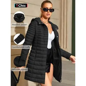 Women's Mid-Length Puffer Coat, Casual Hooded Jacket with Pockets, Fall & Winter Warm Woven Outerwear, Lightweight Thick Fabric