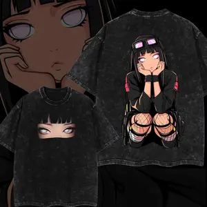 Hinata Hyuga Naruto Anime Girl Double-Sided Washed Oversized T-Shirt, Waifu Graphic Streetwear Tee for Fans