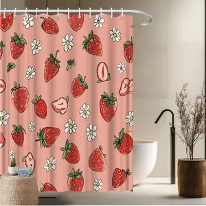 1pc Fruit Theme Bath Curtain-2D Flat Strawberry and Daisy Flower Pattern Printed Shower Curtain Fresh Bathroom Decoration Bathroom Decoration 70.8x70.8 inches