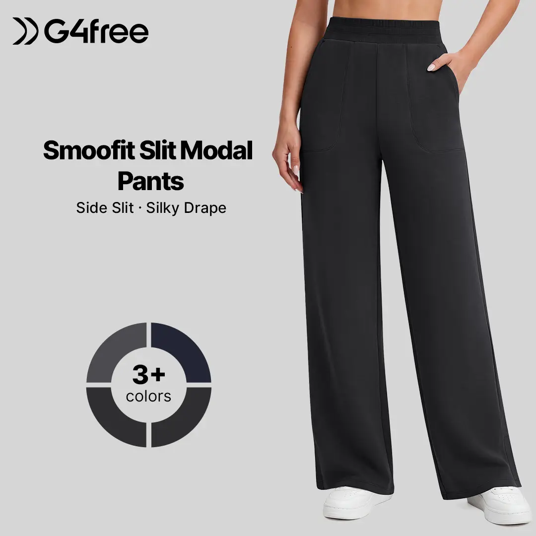 G4Free Smoofit Modal Soft Women's Wide Leg Sweatpants, Ribbed Waist, Side Slit, Pockets - Womenswear Bottom for Casual WearG4Free Smoofit Modal Soft Women's Wide Leg Sweatpants, Ribbed Waist, Side Slit, Pockets - Womenswear Bottom for Casual Wear