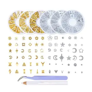 3D Nail Art Charms Set – Gold & Silver Nail Studs, Stars, Moons, Shells, Flowers – Manicure Decoration Kit with Wax Pen & Curved Tweezers (6 Wheels)