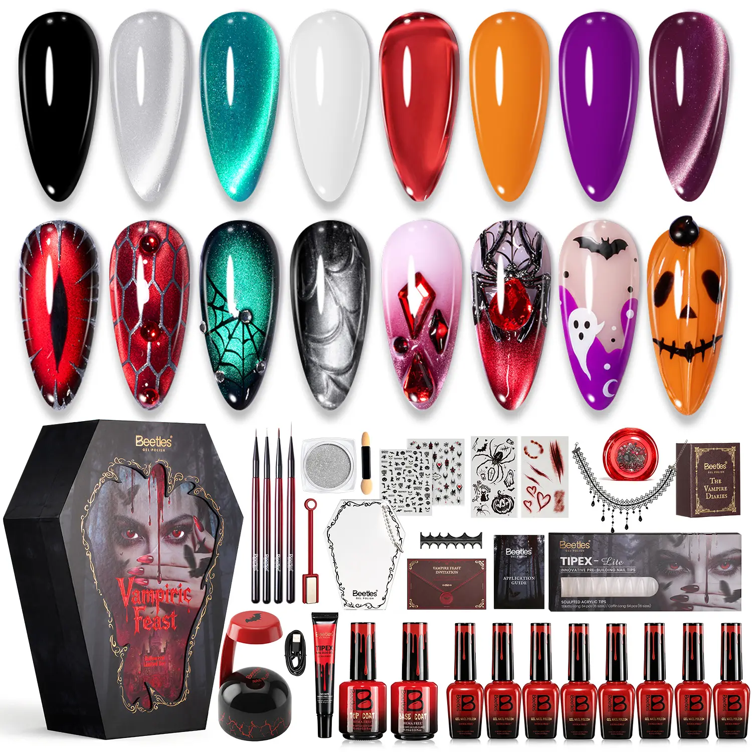 Beetles Vampiric Feast Limited Edition Halloween Gift Box, HEMA-Free Gel Nail Polish Set with Cat Eye & Glitter Gel, DIY Home Manicure Nail Art Kit, Halloween Gift Set for Women Girls