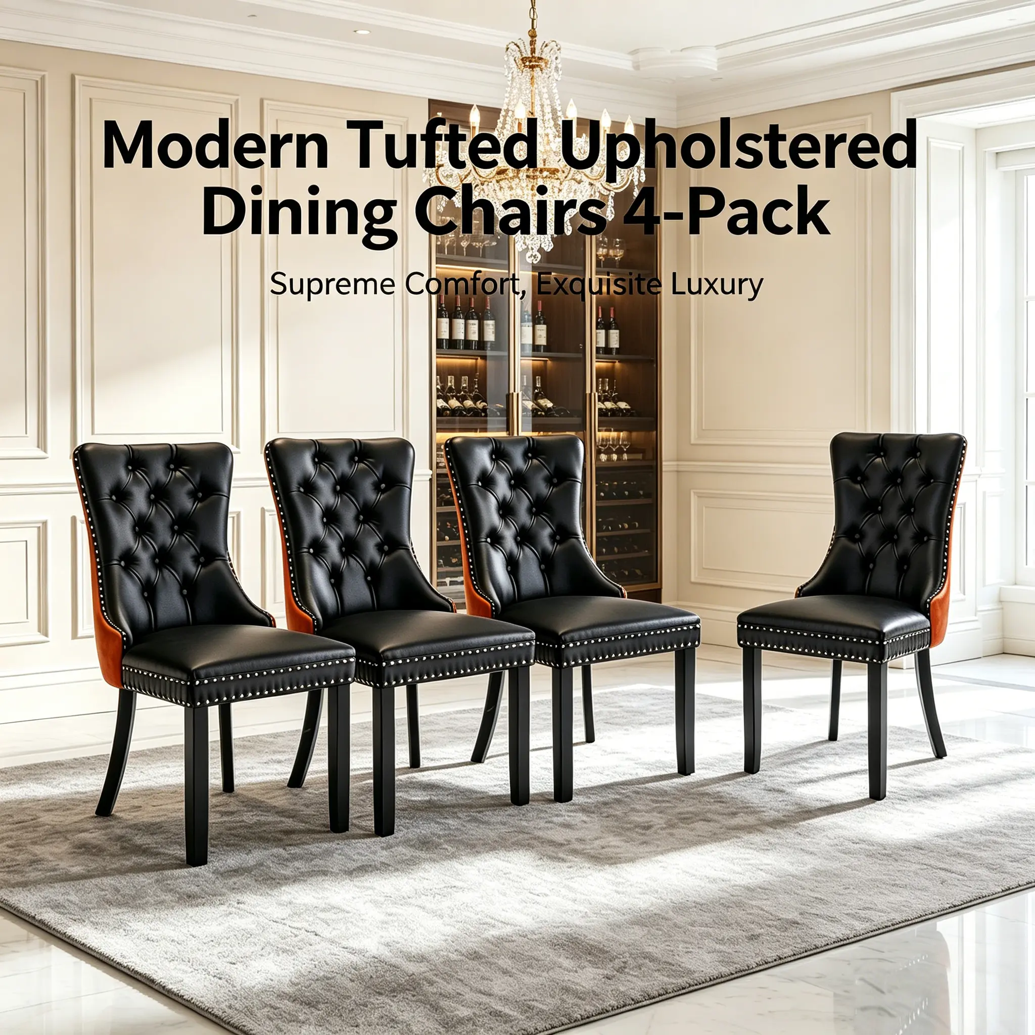 [2 Packages] Contemporary Dining Chairs 4-Pack - PU Leather & Velvet, Tufted Upholstered, Ergonomic Thick Seat, Nailhead Trim, Sturdy, Fire Safety Label, for Small Spaces & Kitchen, Black & Orange High-End Indoor Side Chairs, Classic