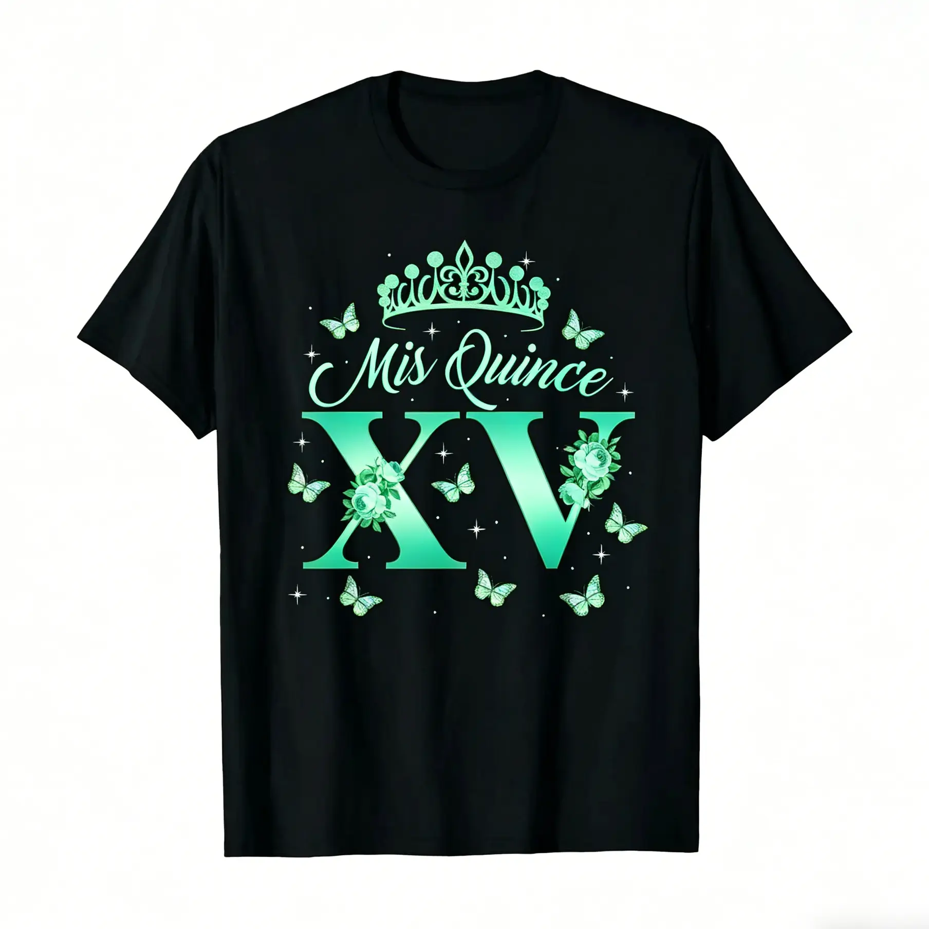 Men's 100% Cotton Oversize Loose Short-Sleeve Graphic T-Shirt, "Mis Quince XV Green Edition" Quinceañera Tee, Emerald Crown & Butterfly Print Black Casual Top, Gift for Quinceañera Girl, Streetwear, Baggy, Shortsleeve, Round Neck, Tshirt, Vintage, Oversiz