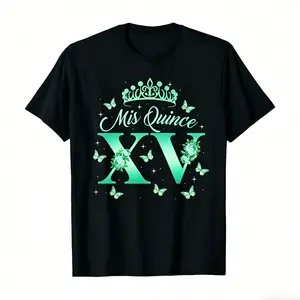 [100% Cotton] 100% Cotton "Mis Quince XV Green Edition" Quinceañera Tee |   Viral Sweet 15 Shirt, Emerald Crown & Butterfly Print, Black Casual Top, Gift for Quinceañera Girl
