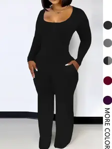 Women's Sexy Fitted Long Sleeve Jumpsuit, Plain Pattern, Minimalist, All Seasons Fashion, Low Neck Pocket Design, European & American Style