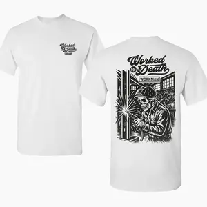 Welder 2 Sided T-Shirt, Worked To Death Shirt, Skeleton Welding Tee, Blue Collar Workwear, Tradesman Gift, Vintage Graphic Tee, Unisex Cotton Shirt