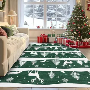 Green 9x12 Runner Rug,Indoor Non Slip Carpet,Soft Low Pile Christmas Rugs with Xmas Tree Reindeer Snowflake for Kitchen,Entryway,Living Room,Bedroom