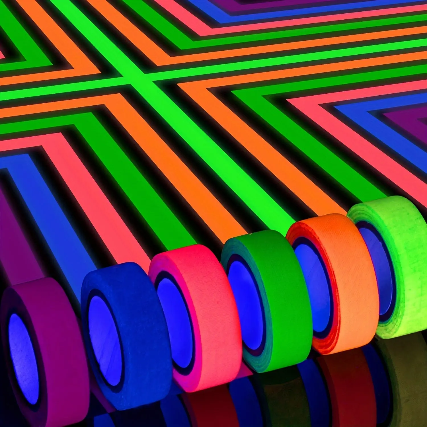 Neon UV Blacklight Reactive Cotton Gaffer Strips Tape (15 mm x 5m, 6 Rolls) - Yellow, Hot Pink, Lime Green, Office Stationery Supply, Halloween Prop Decor, Party Favor for Women's Clothes Wedding Use, Strong Hold For Event Zones
