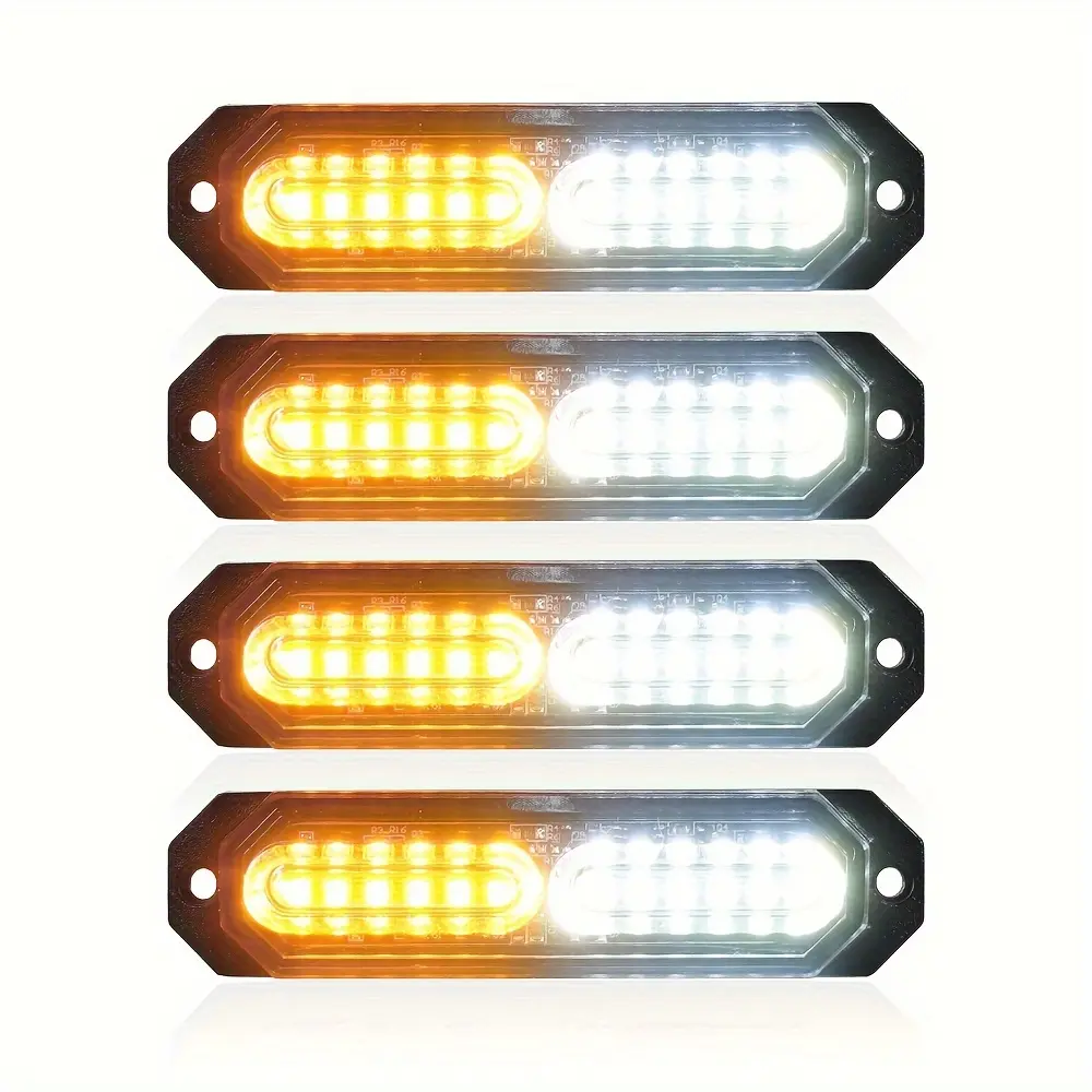 4 pcs Emergency Strobe Grille Lights: 12 LED Sync Feature Safety Flashing Lights, Ultra Slim Surface Mount Hazard Caution Light for Trucks, Vehicles, Car, UTV (Amber White)