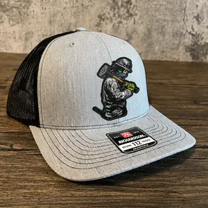Richardson 112 Trucker Hat with Custom Leather Patch Construction Skeleton Worker Design Sledgehammer Hard Hat Skull Snapback Cap for Men Blue Collar Work Gear Gift for Lineman Carpenter No framer T
