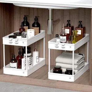 2 Pack Under Sink Organizer, 2 Tier Under Sink Storage Organizer, Bathroom Standing Rack, Bath Collection Baskets with Hooks, Multi-purpose Storage Shelf, White