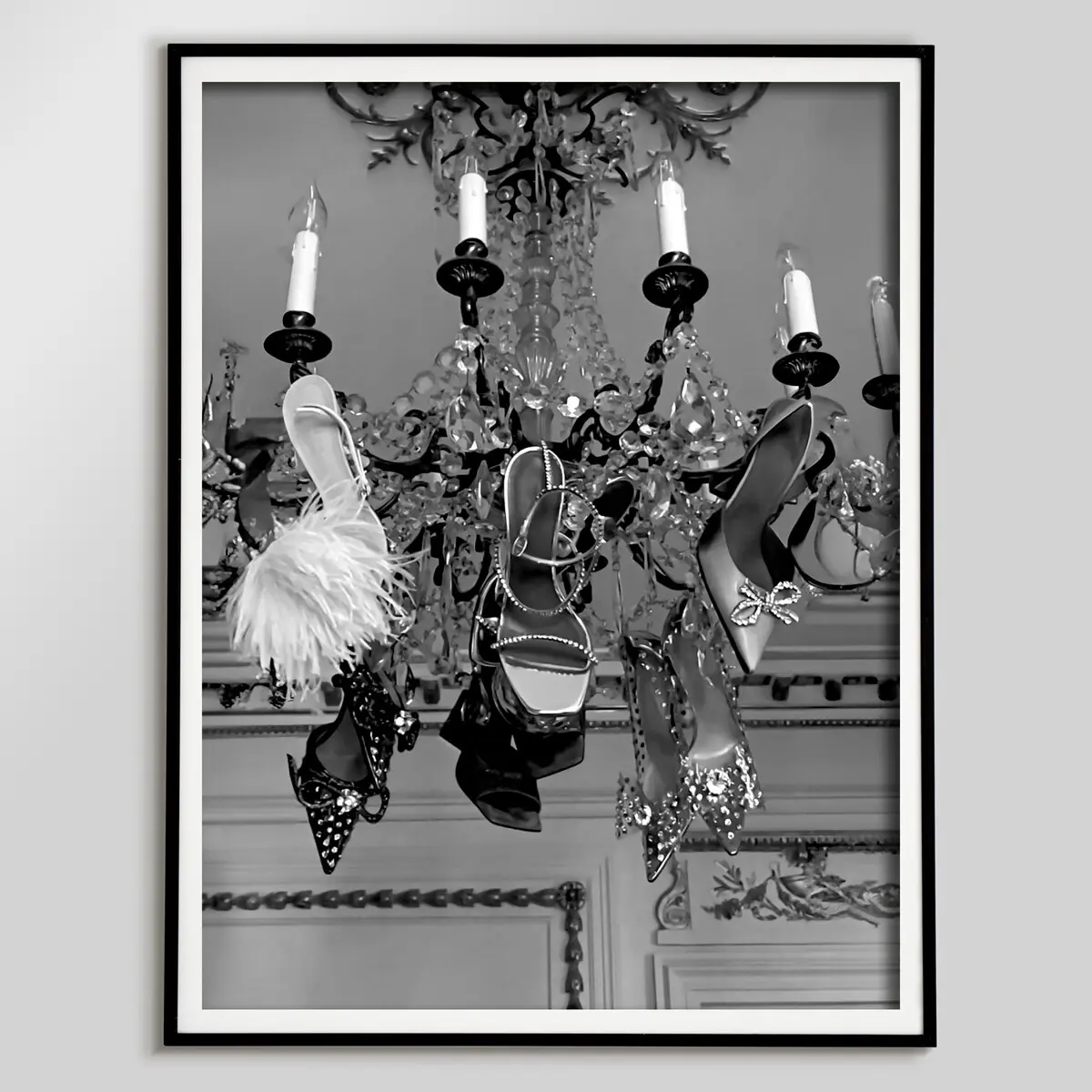 High Heels on Chandelier Print, Black and White, Printable Hypebeast Wall Art, Luxury Fashion Poster, Teen Girl Room Decor, Unframed