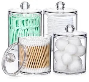 4 Pack Acrylic Qtip Holder Dispenser for Cotton Swabs, Balls, Pads, Floss Picks- Small Clear Plastic Canister Apothecary Jar Set, Bathroom Essentials Accessories Decor, Vanity Makeup Storage Organizer