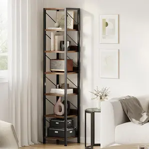 Bookshelf - Narrow Bookcase Tall Skinny Storage Rack Shelf - 6 Tier Standing Bookshelves Metal Frame Rustic Display Racks Industrial Book Shelf for Bedroom/Living Room/Home/Office - Brown