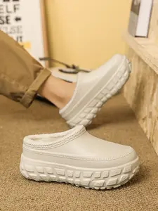 Parent-Child Brown Waterproof Fleece-Lined Platform Slippers, Soft Slippers, Winter Warm Casual, Waterproof Material + Fleece-Lined Insole + Platform Non-Slip Sole, Warm & Cold-Resistant, Ideal for Winter Home