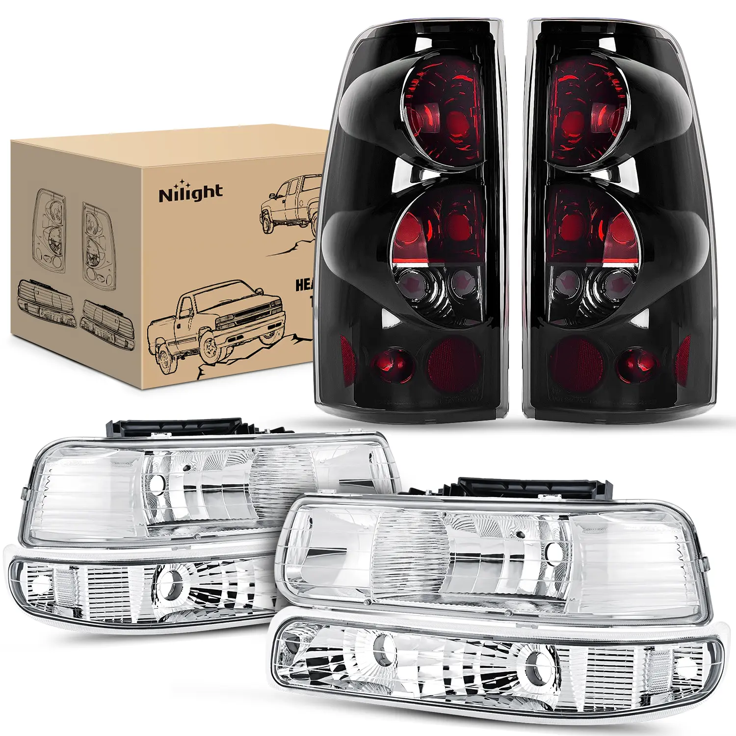 Nilight Headlight and Taillight Assembly Combo Compatible with 1999 2000 2001 2002 Chevy Silverado 1500 2500 2001 2002 Chevy Silverado 1500HD 2500HD 3500 OE Style Chrome Housing Clear Reflector Smoke Truck, Trucks