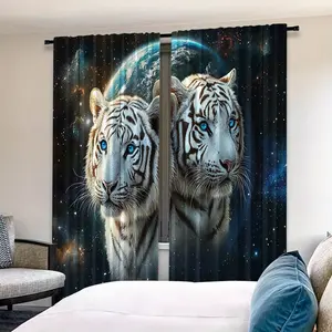 High-Quality Polyester Tiger Pattern Curtains Set, Durable Fashionable Daily Accessories, 2-Piece Living Room & Bedroom Drapes