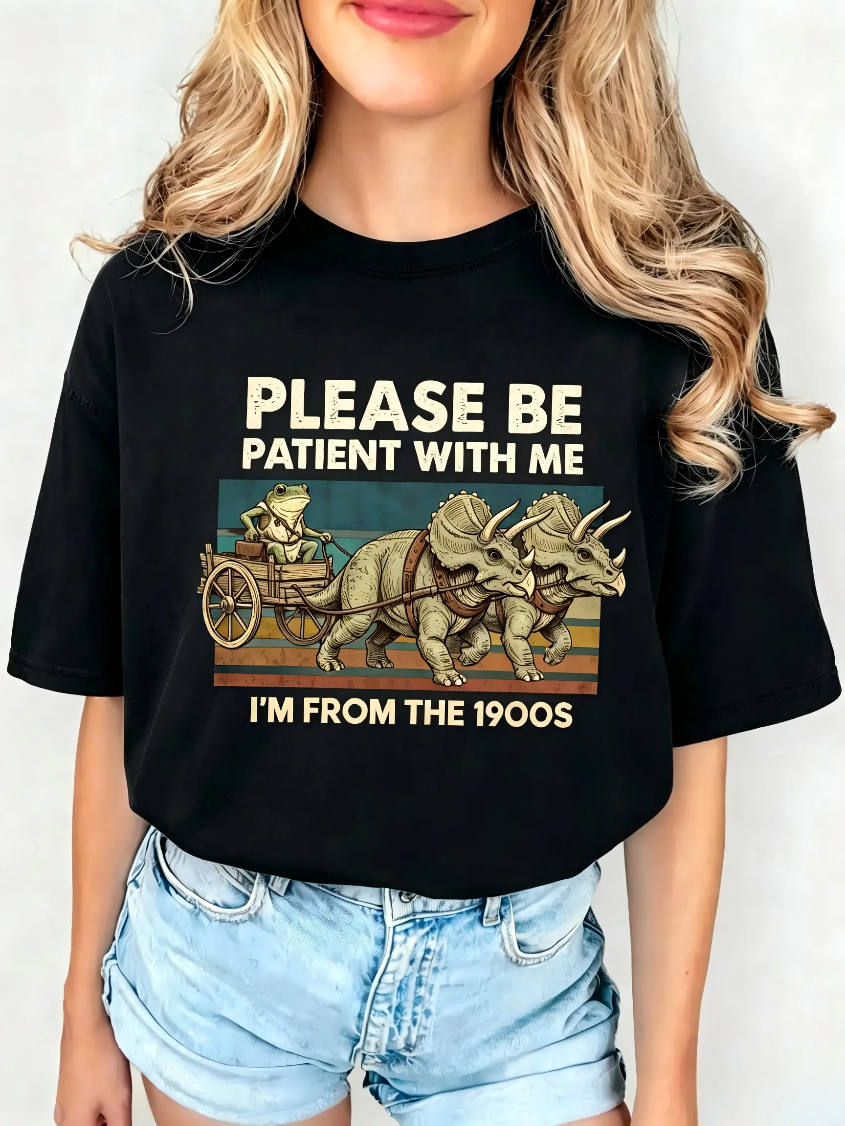 Funny Frog Dinosaur T-Shirt, Retro "1900s" Slogan Graphic Tee, Comfortable Smooth Cotton Blend for Casual All-Day Wear, Unisex Shortsleeve Top, Soft, Tops, Simple, Women, Round Neck