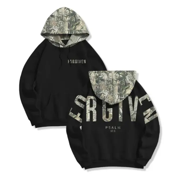 Forgiven Psalm 32:1 Dead Leaves Camouflage Hoodie Christian Bible Verse Camo Print Fleece Hooded Sweatshirt Inspirational Faith Streetwear for Men & Women Unisex Long Sleeve Medium Length Autumn Casual