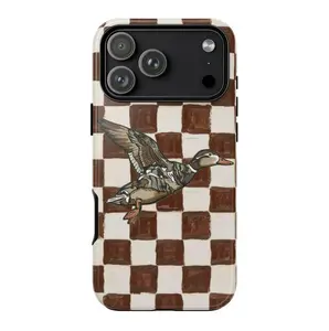 Retro Duck Checkered Phone Case – Brown Vintage Aesthetic Duck - Phone Case For Iphone 17 16 15 14 13 12 11 pro promax, Gift