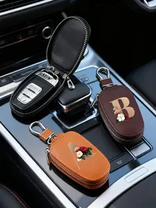 Vintage Business Multi-Functional Key Holder Case, 26 Letter Print, Zipper Car Key Bag, Men's Portable Key Storage Pouch, PU Leather Key Ring