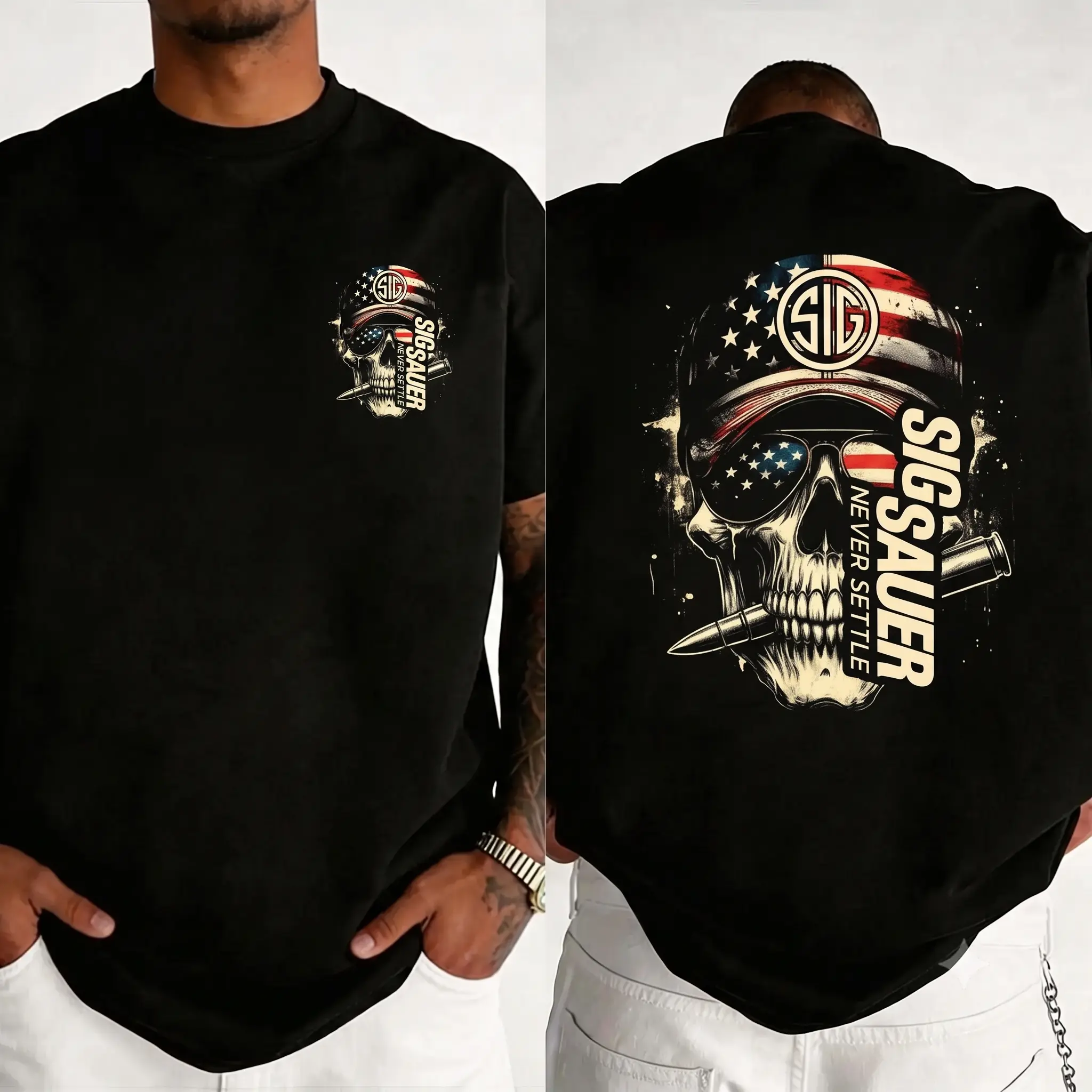 Sig Sauer American Skull Flag 2-Sided Round Neck Soft Breathable Stylish Unisex Short-Sleeve Casual Cotton Men's T-Shirt, Tactical Gear for Gun Lovers, Shortsleeve, Men's Graphic Tees