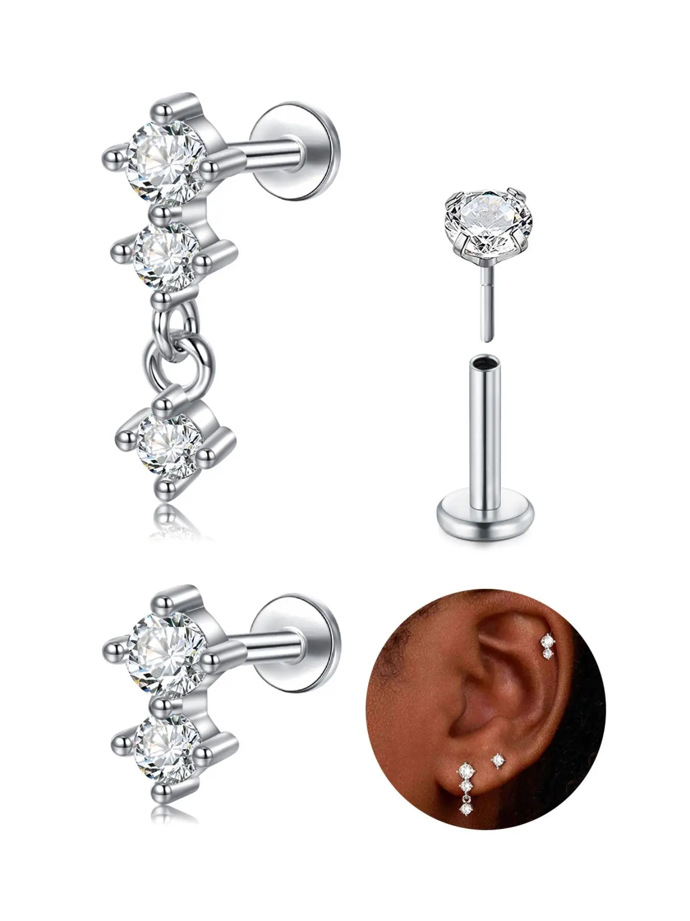 Cartilage Earring Set for Women, Threadless Flat Back Earrings, Hypoallergenic Earring, Stainless Steels Jewelry for Women, Hypoallergenic Post Earrings
