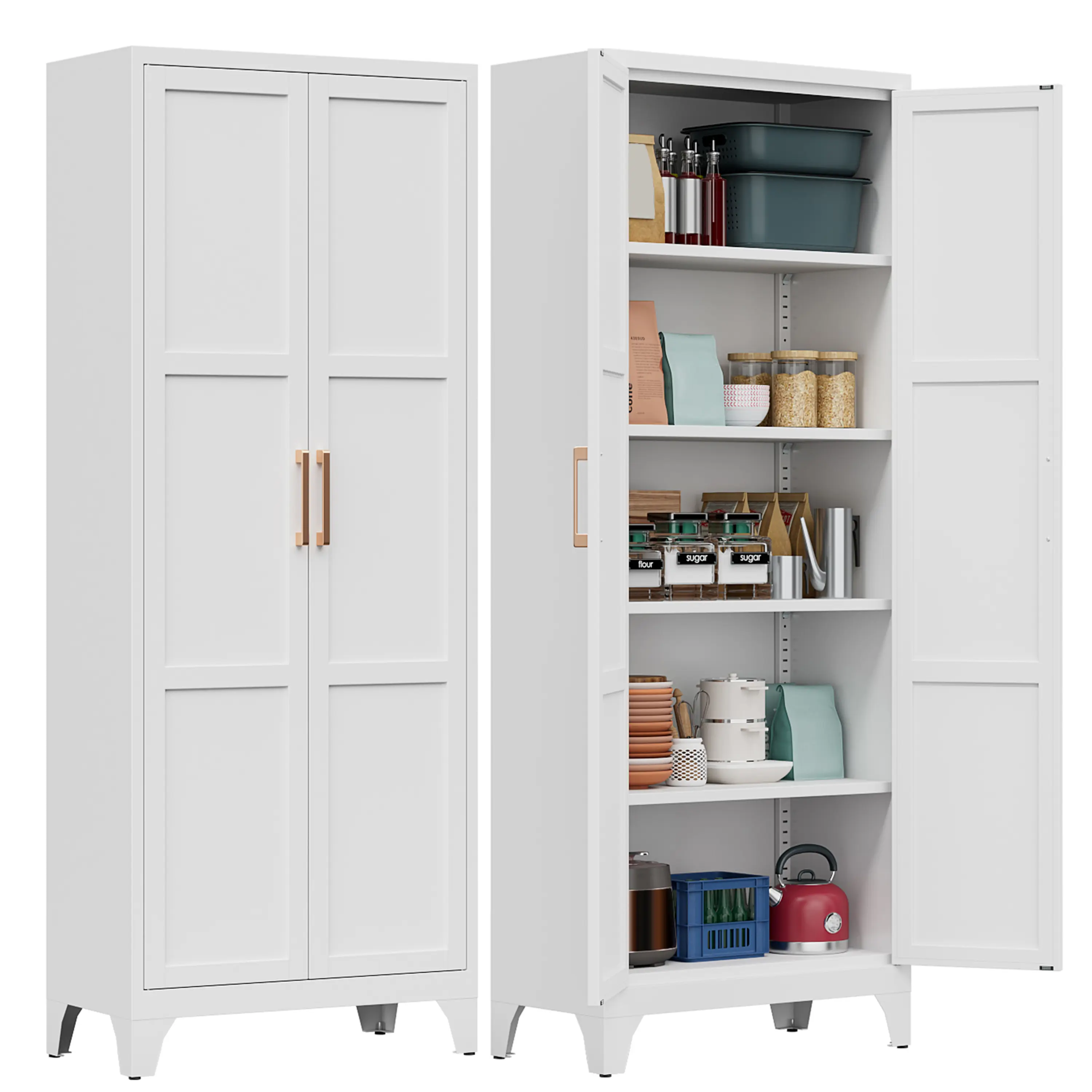LONGLINK 71in Sturdy Metal Food Storage Cabinet - Organizer Storage Furniture, 5 Adjustable Shelves, Magnetic Silent Doors, Anti-Tip Structure, 120LBS Per Shelf Load, Easy Assembly Multi Layer Modern Cupboard for Pantry, Garage
