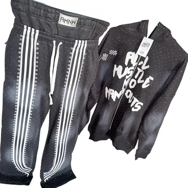 All Hustle Tracksuit - Black Hoodie & Pants Set with White Stripes Rhinestones and 'All Hustle No Handouts' Design