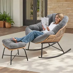 【DealsforYouDays】ONBRILL Indoor & Outdoor Papasan Rocking Chair with Ottoman,Oversized Papasan Chair with Padded Cushion, Rocker Chair for Living Room, Patio, Garden