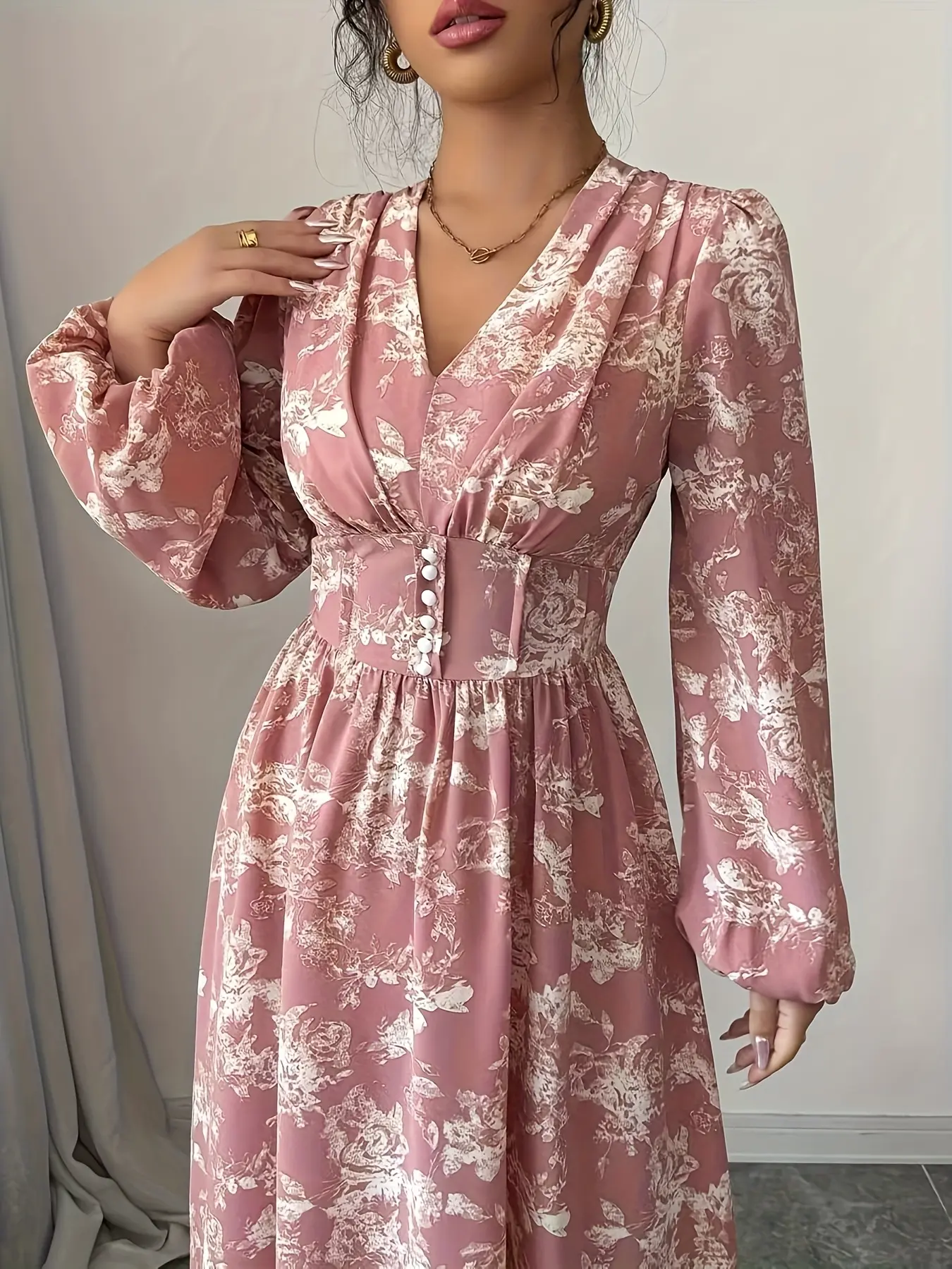 Women's All over Print Long Sleeve Dress, Casual Slim Fit Midi Dress, Elegant  Floral Pattern, Perfect for Spring & Fall