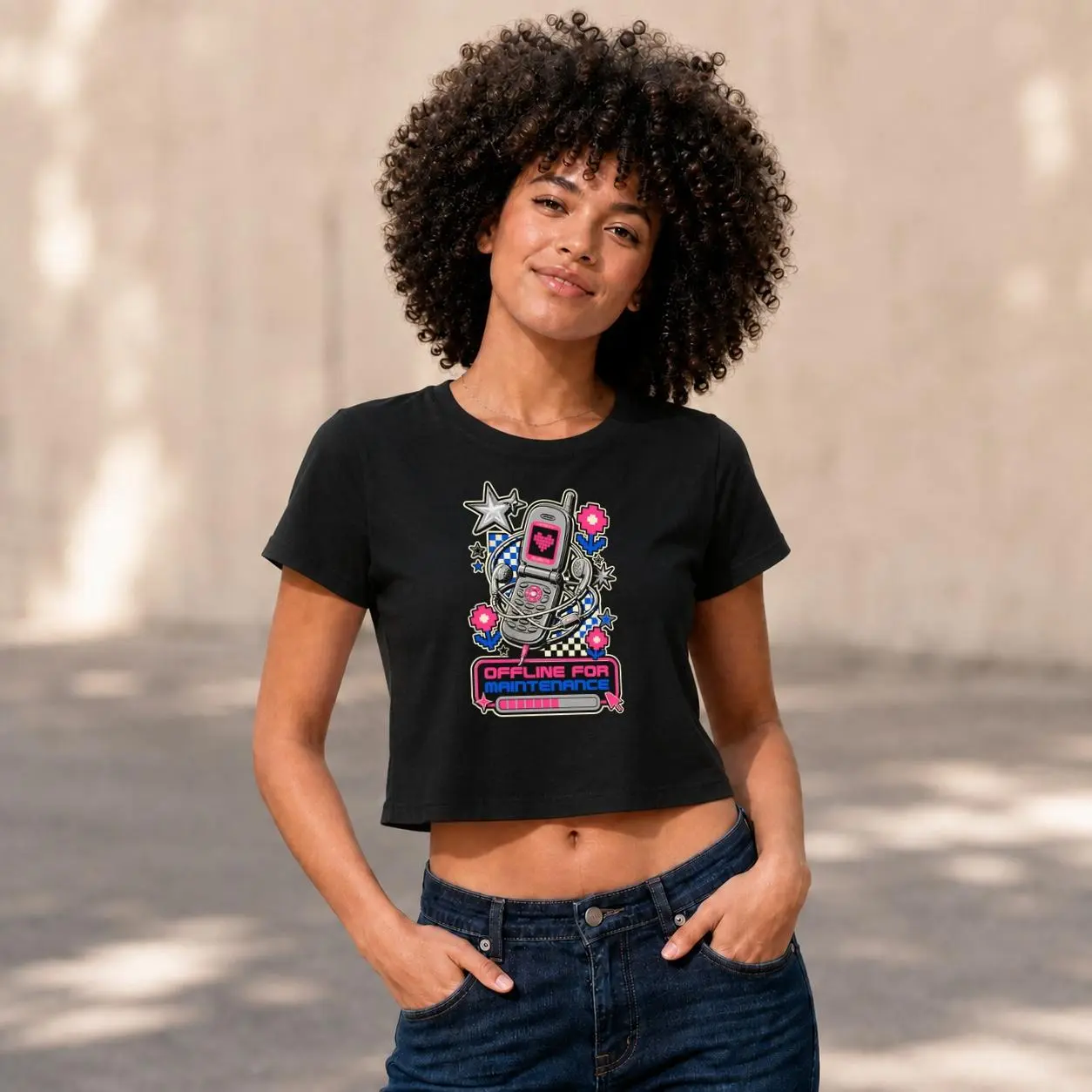 Women's Offline for Maintenance Flip Phone Crop Top, 100% Cotton Y2K Graphic Tee, Funny Retro Short Sleeve Shirt