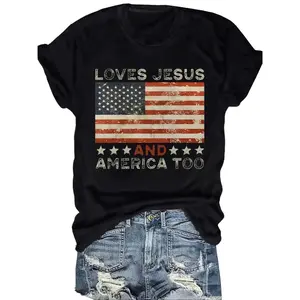 Women's American Flag Print Round Neck Tee, Vintage Trendy Casual Short Sleeve T-shirt for Daily Wear, Ladies Summer, Top