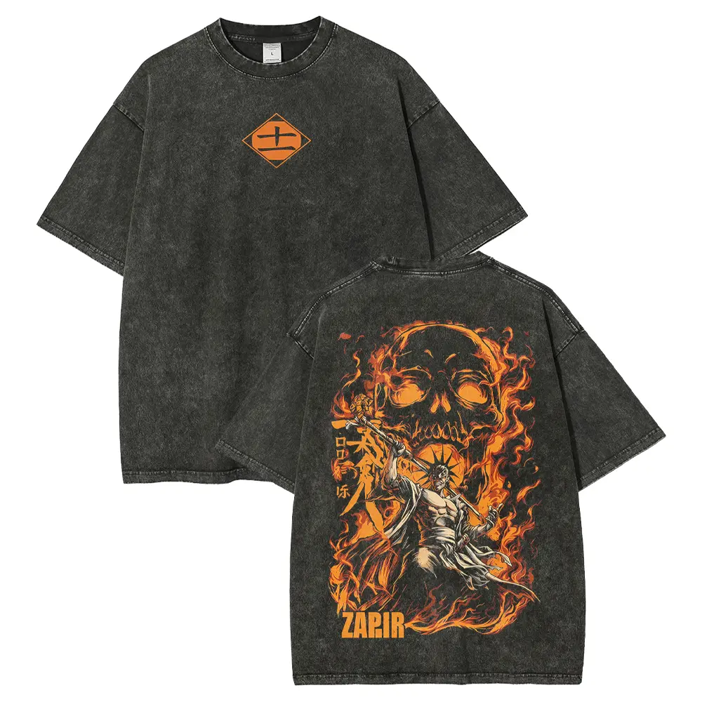 Unisex Oversize Kenpachi Zaraki Bleach Anime Double-Printed Vintage Washed Short-Sleeve Round-Neck Streetwear Heavyweight Cotton T-Shirt, Top Gift For Anime Fans