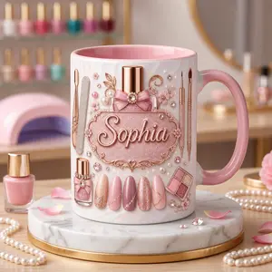 Nail Tech Mug 2D Printed 3D Effect, Personalized Pink Ceramic Coffee Cup with Beauty Tools, Custom Name Manicurist Mug for Nail Artist Salon Owner, Birthday Christmas Gift for Her