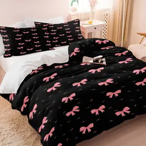 Black & Pink Bow Print Duvet Cover Set, 1 Duvet Cover with 1/2 Pillowcases, Coquette Aesthetic Bedding for Bedroom, Dorm & Guest Room, Decor for Adults, Theme Bedding Set