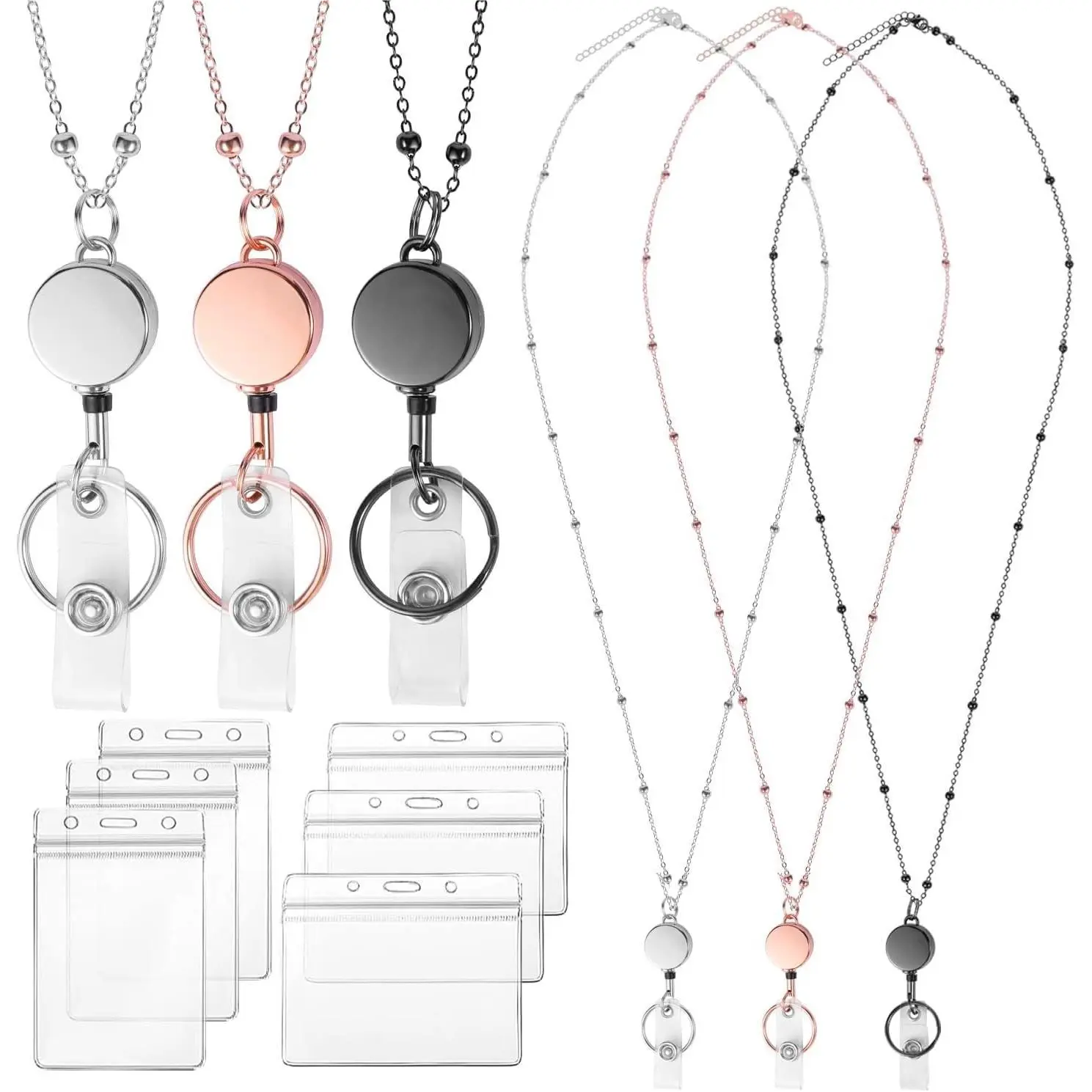 BY-355 Lanyards for Id Badges 3 Pack Badge Lanyard with 6 Pcs Id Badge Holder Retractable Stainless Steel Teacher Lanyard Cruise Ship Lanyards for Girl Women (Black, Silver, Rose Gold)