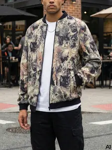 A1 Y2K Streetwear Men's Tapestry Cat Print Zip Up Bomber Jacket Retro All Over Graphic Lightweight Windbreaker Casual Coat Novelty Animal Pattern Outerwear Top for Cat Lovers