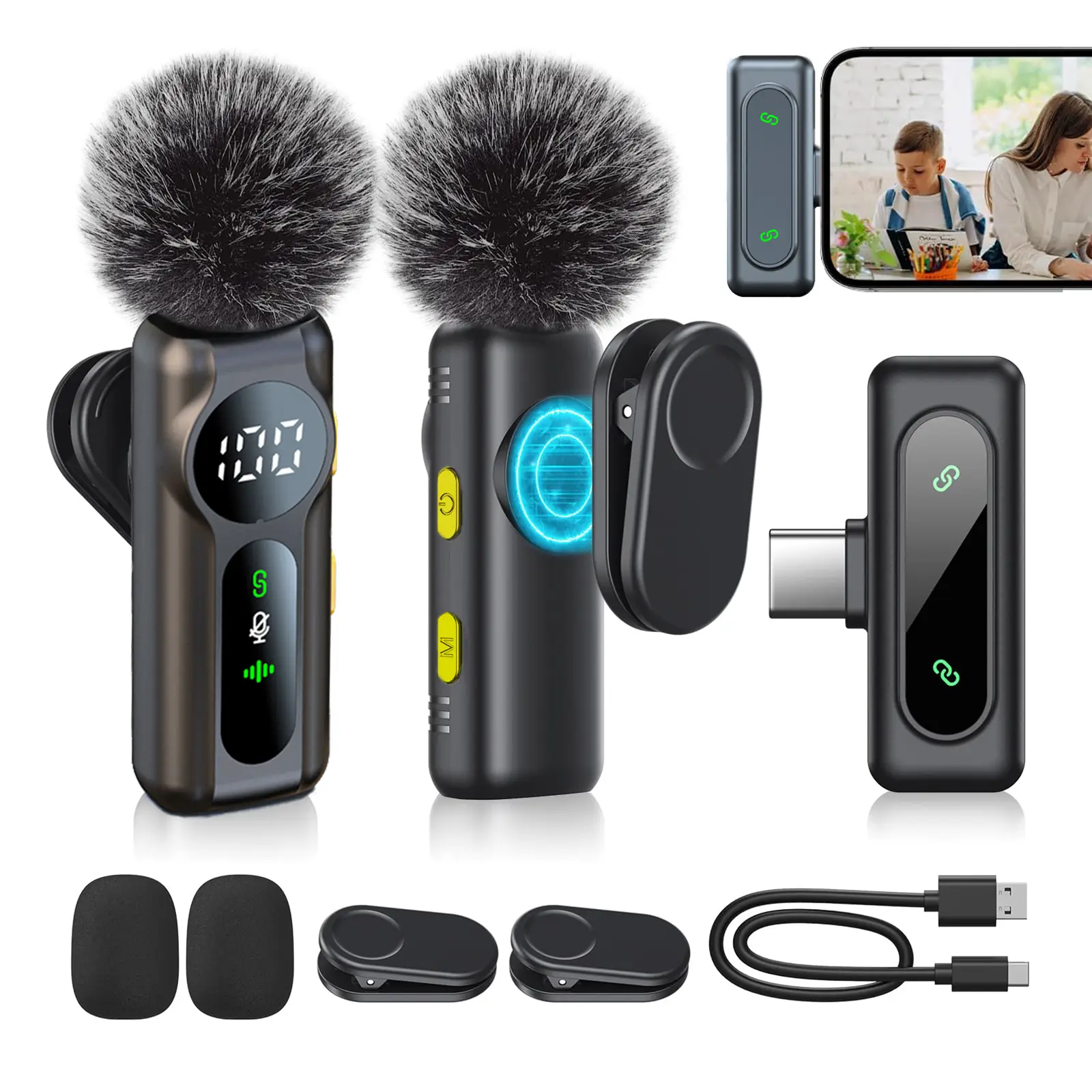 PQRQP Wireless Lavalier Microphone Dual Set – Plug & Play Clip-on Mic with Auto Pairing, Magnetic Mount, Noise Cancelling with LED display for iPhone,
